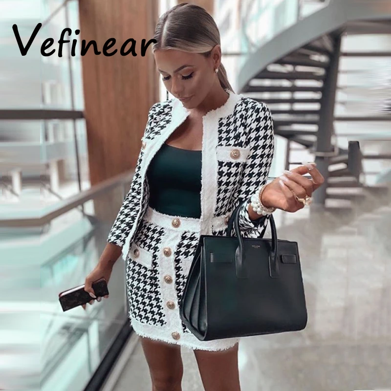 Vefinear, Осень-зима, сексуальные клетчатые топы и мини-платья, комплект из 2 предметов, на пуговицах, открытая облегающая юбка и свитер, комплект из двух предметов