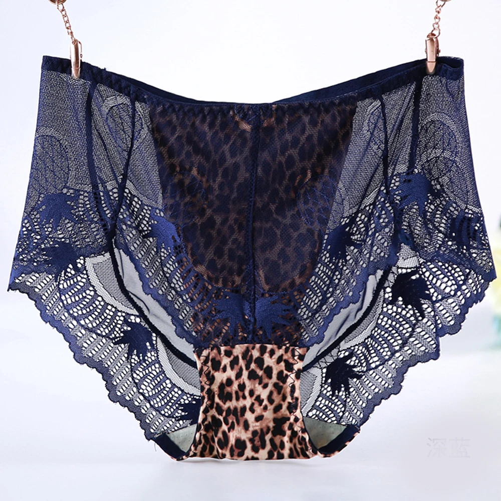 Dark blue panties Леопардовые Трусики с высокой талией, сексуальные кружевные прозрачные сетчатые трусы размера плюс, нижнее белье, большие короткие женские трусы большого размера 6xl - Цвет: Dark blue panties