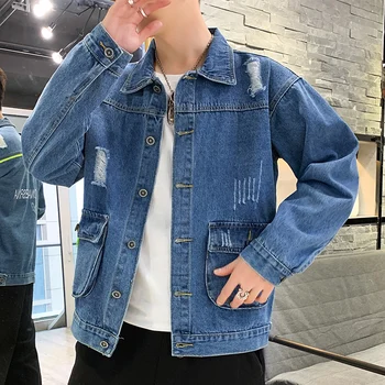 

Autumn New Denim Jacket Men Fashion Washed Solid Color Casual Hole Denim Jacket Man Streetwear Hip Hop Loose Bomber Jacket M-3XL