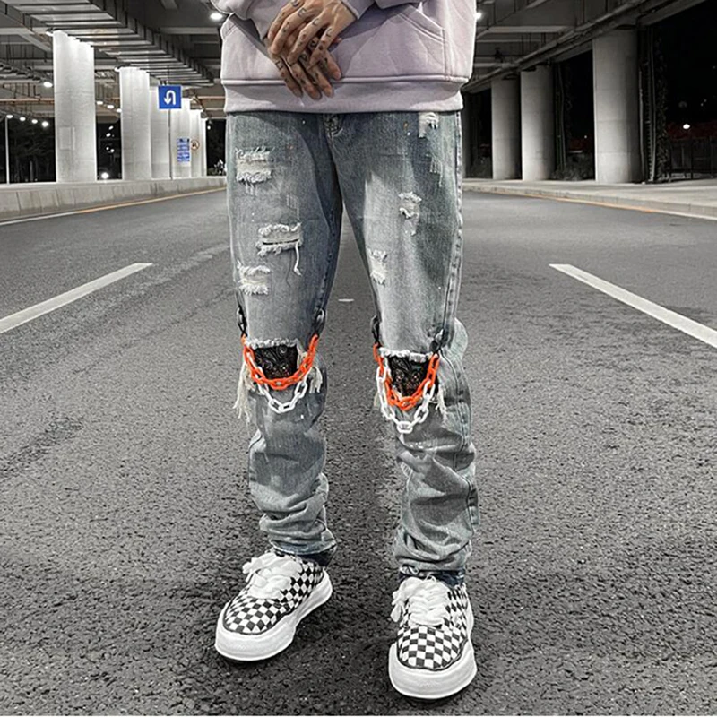 La cadena decorar agujeros, rotos, lavados azul pantalones vaqueros hombre Vibe estilo Retro de mezclilla Casual pantalones Streetwear - AliExpress Ropa de hombre