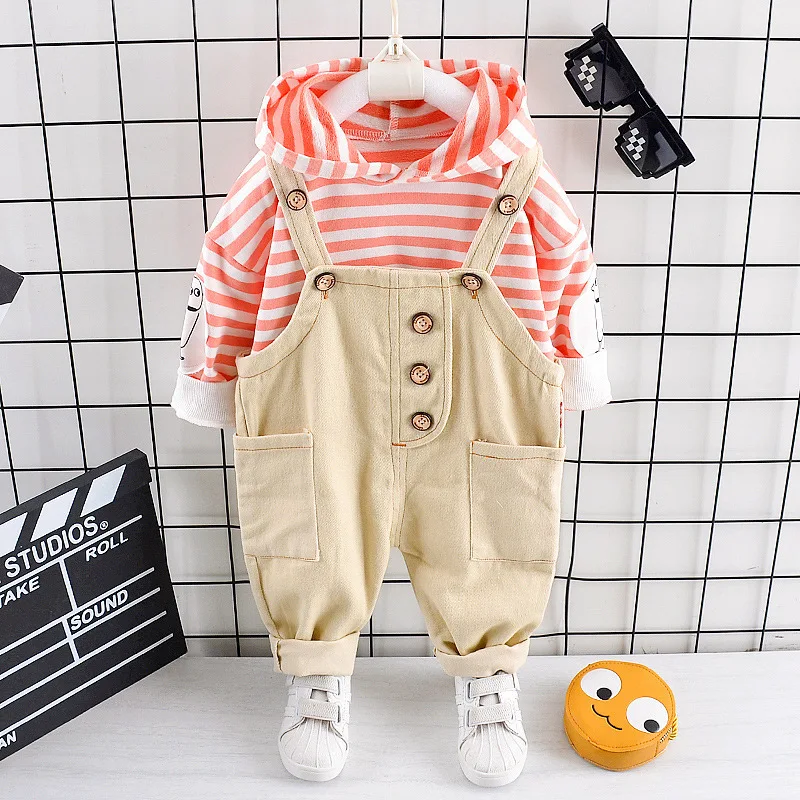 

Childrenswear New Style BOY'S Girls' Overalls Male Baby Korean-style Stripes Hooded Long Sleeve Two-Piece Set Fashion