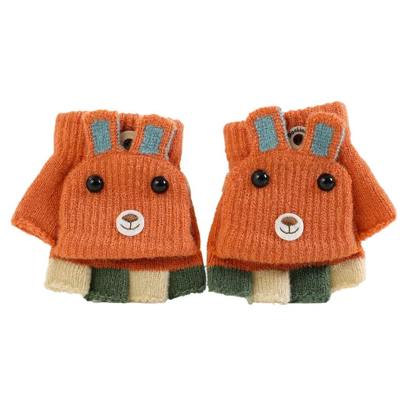 1 Pair Toddler Kid Newborn Cartoon Wool Gloves Half-finger Flip Girl Boy Children Soft Warmer Winter Stretch Mittens Gloves 0-3Y - Цвет: Коричневый