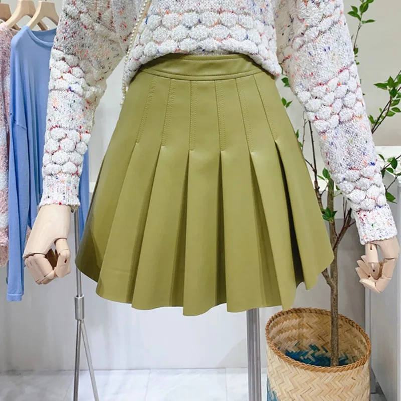 picture color Плиссированная кожаная юбка новая осенняя и зимняя однотонная женская юбка трапециевидной формы с высокой талией студенческий стиль искусственная кожа мини-юбка - Цвет: picture color