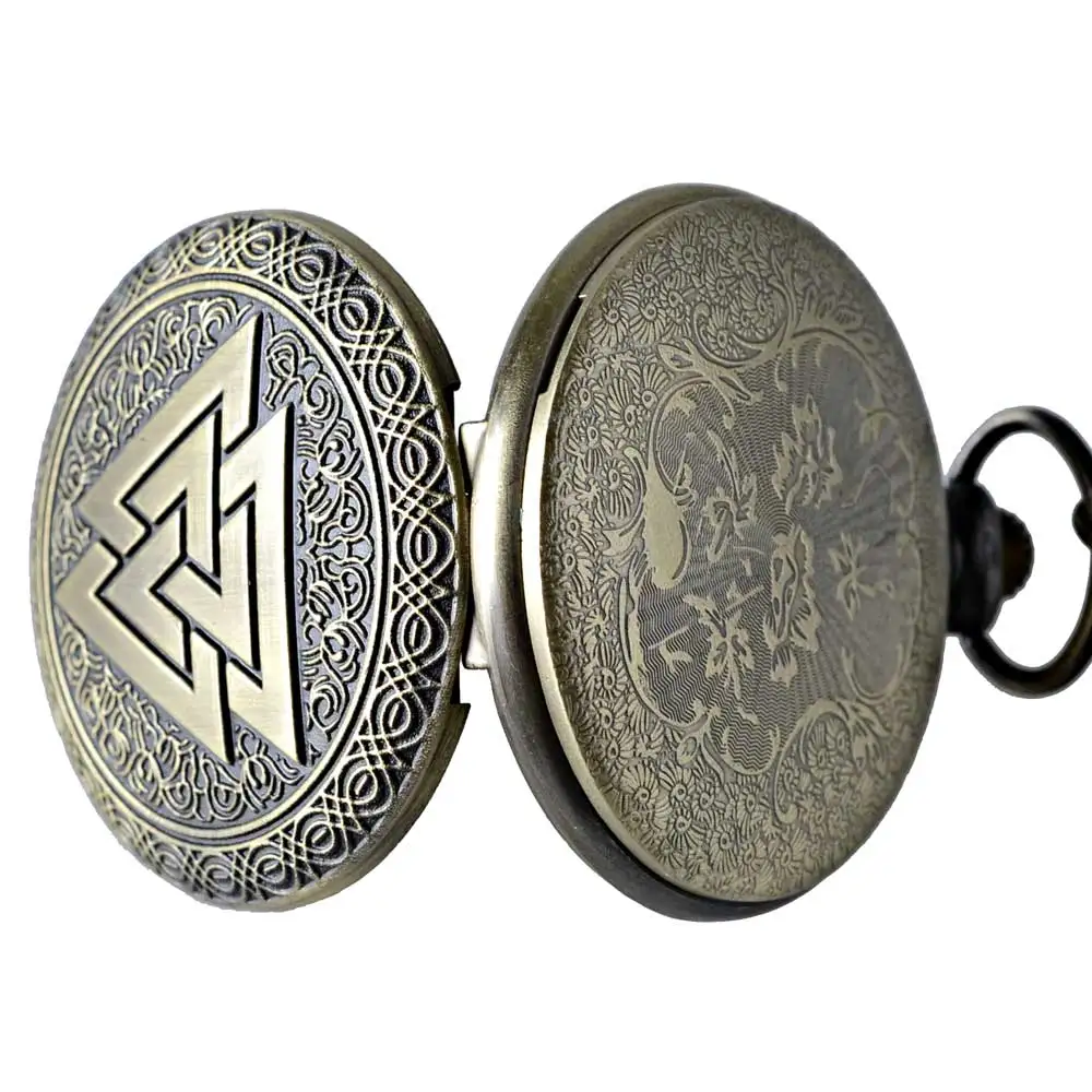 Винтажные треугольные часы Valknut в стиле норвежских викингов, бронзовые Кварцевые карманные часы, ожерелье с цепочкой, три переплетенных брелока, часы, подарки дружбы