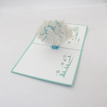 

3D Handmade Merry Christmas Sky Blue White Snowflake Tree Paper Greeting Cards PostCard New Year Kids Friend Bussiness Gift