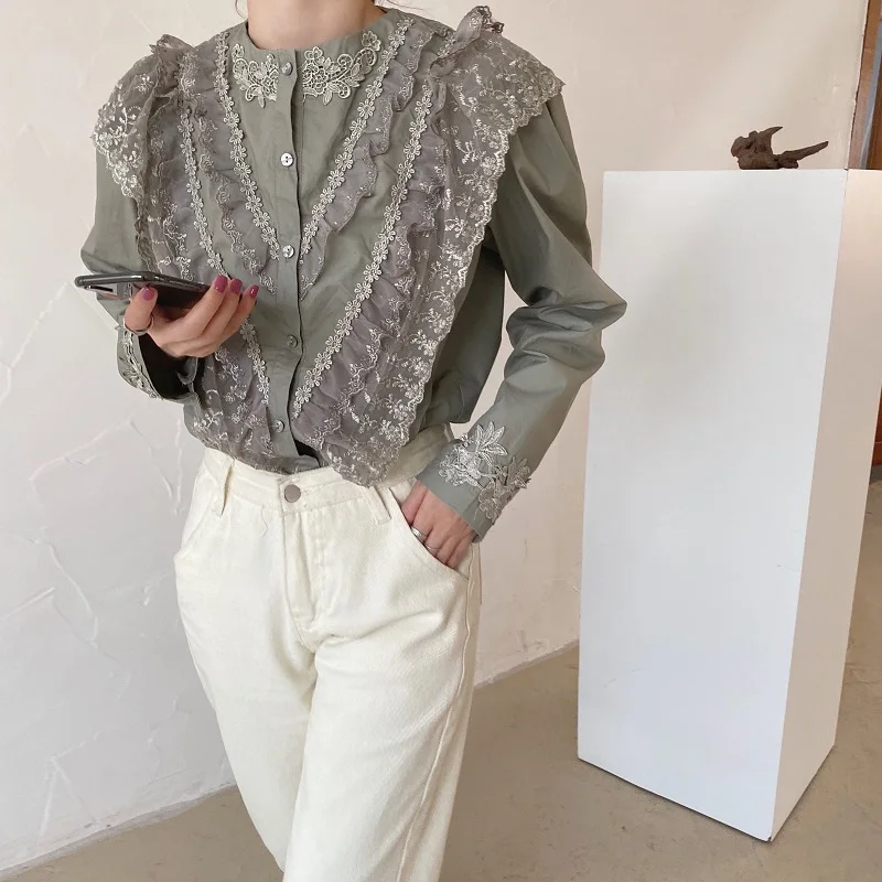 REALEFT Spring Lace Patchwork Women's Shirts Female Blouse Long Sleeve Stand Collar Korean OL Style Women Elegant Blouses
