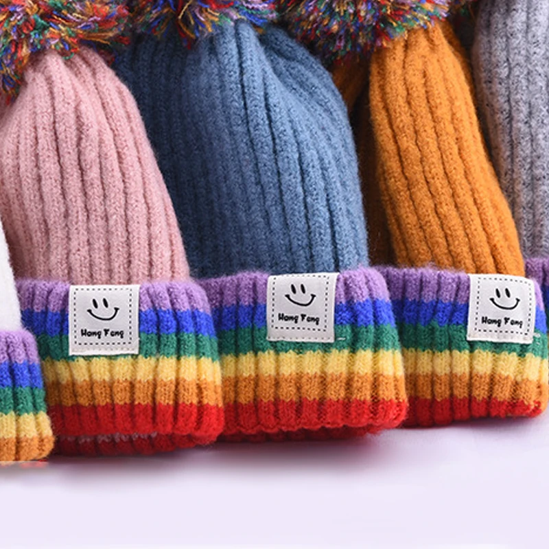 Rainbow Color Baby Hats With Pom Poms Knitted Wool Turban Beanie Warm Caps Soft Hat For Childern Girls Boys Bonnet Autumn Winter