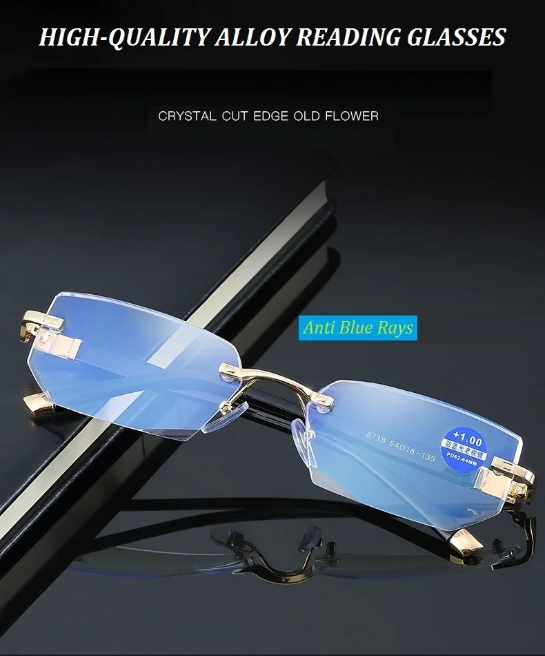 Очки для чтения без оправы, алмазная резка, для мужчин и женщин, анти-голубые лучи, прозрачные линзы, очки для дальнозоркости, мужские металлические очки Oculos De Sol