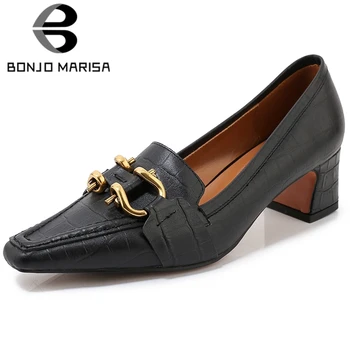 

BONJOMARISA Ladies Spring New Brand Office Square Toe Pumps Decorating Genuine Leather Pumps Women Med Heels OL Shoes Woman