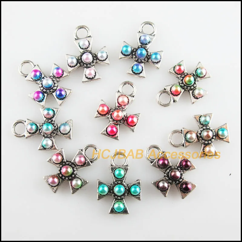 

10 New Cross Charms Mixed Acrylic Flower Pendants Tibetan Silver Tone 12.5x18mm