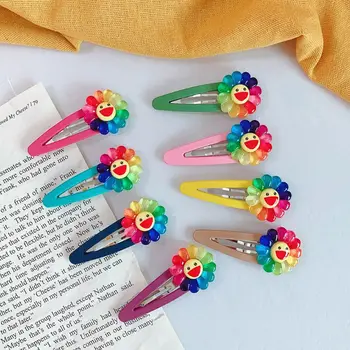 

Children Girls Scrub Resin BB Hair Clip Cute Rainbow Smile Sunflower Hairgrip Water Drop Shape Birthday Decorative Snap Barrette