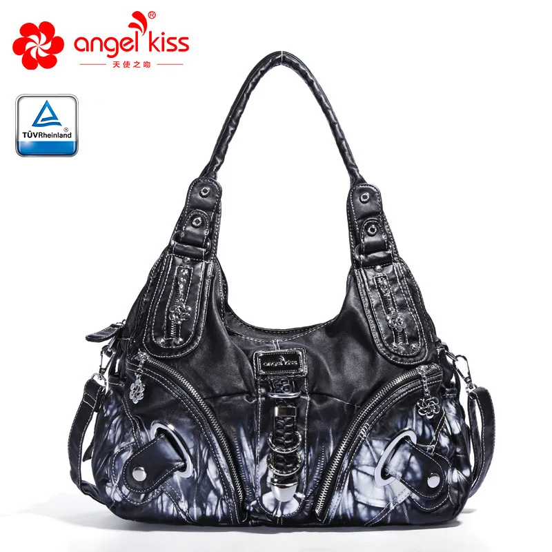 Tie-dyed Black Роскошные потертые сумки через плечо для женщин классические модные мотоциклетные Мягкие Сумки из искусственной кожи сумки для шоппинга шикарная сумка через плечо - Цвет: Tie-dyed Black