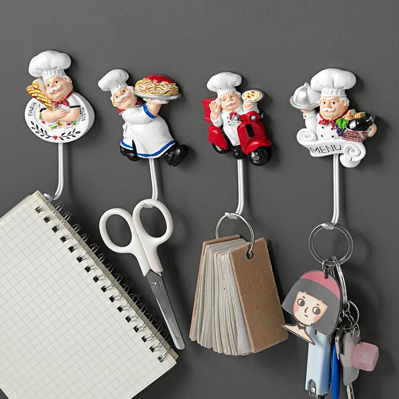 Multi Purpose Hooks Creative Resin 3D Cartoon Chef Key Tools Hooks Waterproof Bathroom Kitchen Hook Hole-free Seamless Wall Decorative