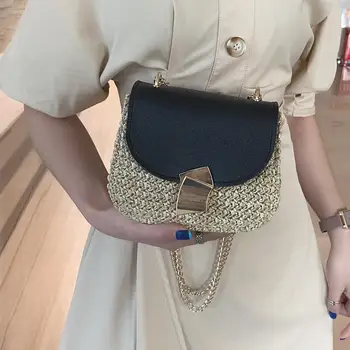 

Ladies Small Chain Handbags Women Straw Woven Fan Lock Flap Shoulder Crossbody Bags Ladies Messenger Knitting Bag
