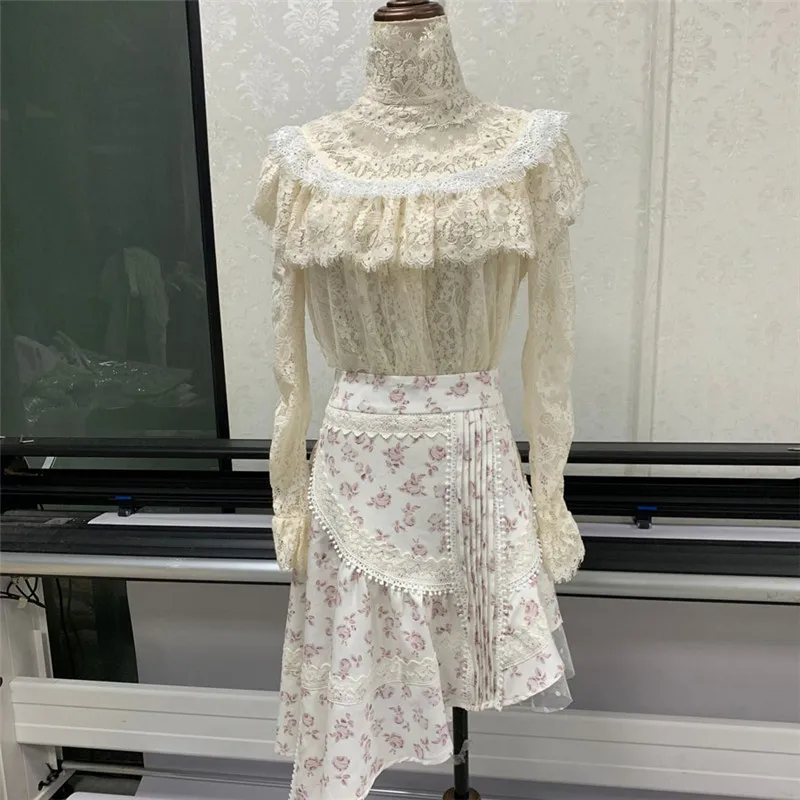 Autumn Runway Designer Two Piece Set Women Long Sleeve Lace Blouse+ Irregular Printed Skirt Set