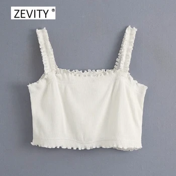 

Zevity 2020 New Women agaric lace solid chic short camis tank ladies summer spaghetti strap knitted slim t shirt crop tops T673