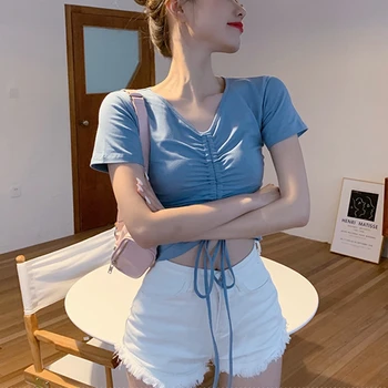 

summer women's new solid V-neck regular sleeve drawstring shirt bow short bare midriff office lady Tees