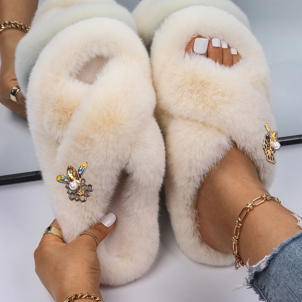 Faux Fur Slippers Furry Slides For Women Fluffy Flip Flops Home Cozy Slippers Winter House Plush Female Shoes Slip On Flats 2021