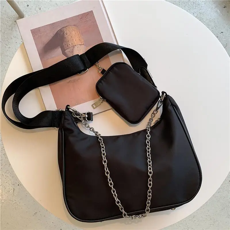 2pcs Vintage Black Shoulder Bag Women Nylon Bag Designer Chains Crossbody  Bags Cool Messenger Handbag Hobo Bags Bolso