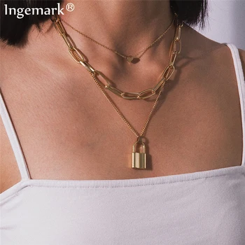 

Ingemark Multi Layer Lover Lock Pendant Choker Necklace Steampunk Padlock Heart Chain Necklace Collier Best Couple Jewelry Gift