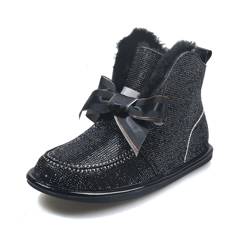 

Crystal Shoes Women Short Boots Round Toe PU Ankle Boots for Women Martin Boots Winter Lace-up Rubber Flat Snow Boots for Women