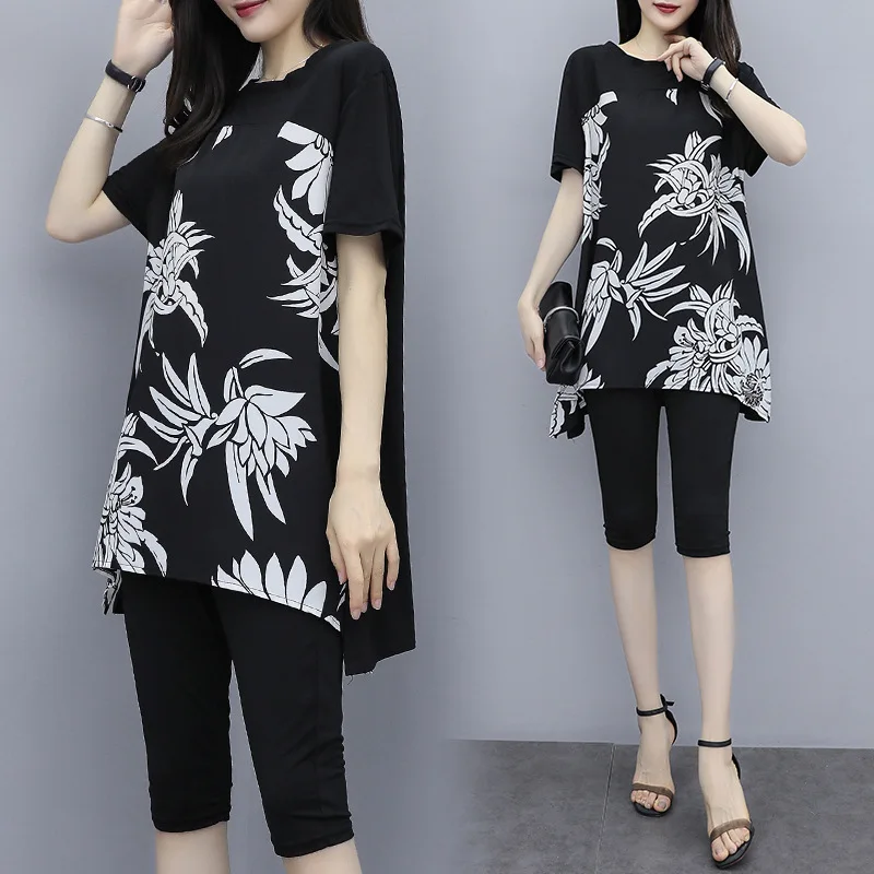 

Large Size 2019 Summer New Style Two-Piece Set Loose Slimming Set Korean-style Plus-sized Chiffon Tops