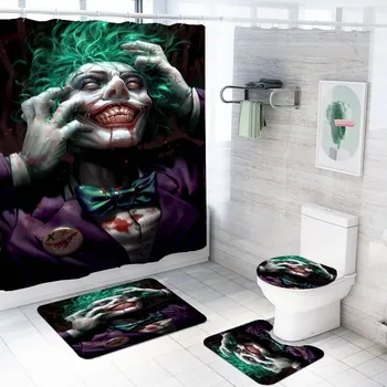 

4 Piece Terror Joker Shower Curtain Sets with Non-Slip Rug Toilet Lid Cover Bath Mat and Hooks Super Hero Durable Bathroom Set