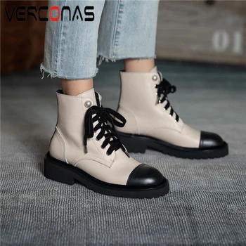 

VERCONAS Autunm Winter New 2020 Women Ankle Boots Genuine Leather Fashion Concise Cross-Tied Pearl Casual Boots Woman