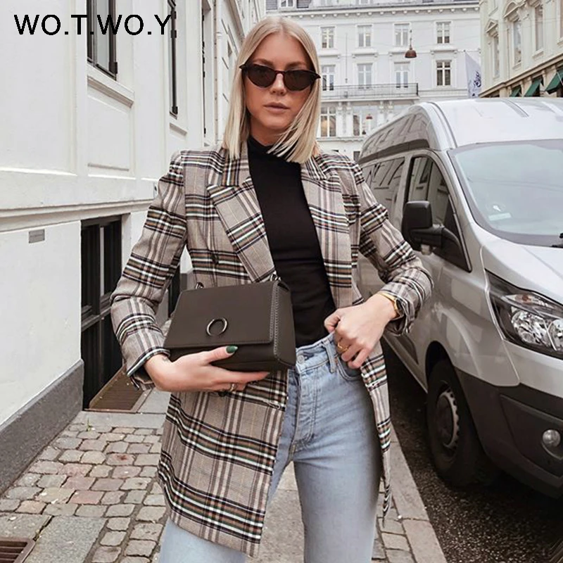 

WOTWOY 2019 New Office Lady Plaid Women's Jackets Autumn Winter Formal Double Breasted Long Blazer Women Pockets Business Tops