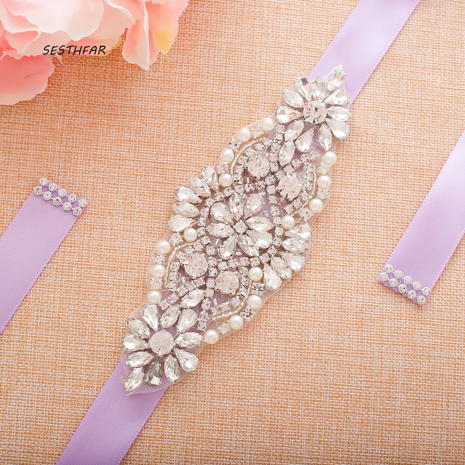 SESTHFAR Silver Wedding Belt With Pearls Luxurious Rhinestones Ribbons Bridal Sash Crystal Wedding Belt For Wedding Party Gown