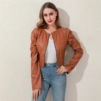 

Autumn Jacket Fashion Short Sim Coat Thin Female Top 2020 Women Zipper Coat Round Neck Jacket PU Leather Outwear