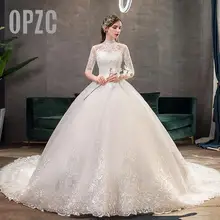 Новое свадебное платье Vestido de Noiva с коротким рукавом и Королевским шлейфом, кружевное бальное платье с аппликацией и высоким воротом, свадебное платье для невесты