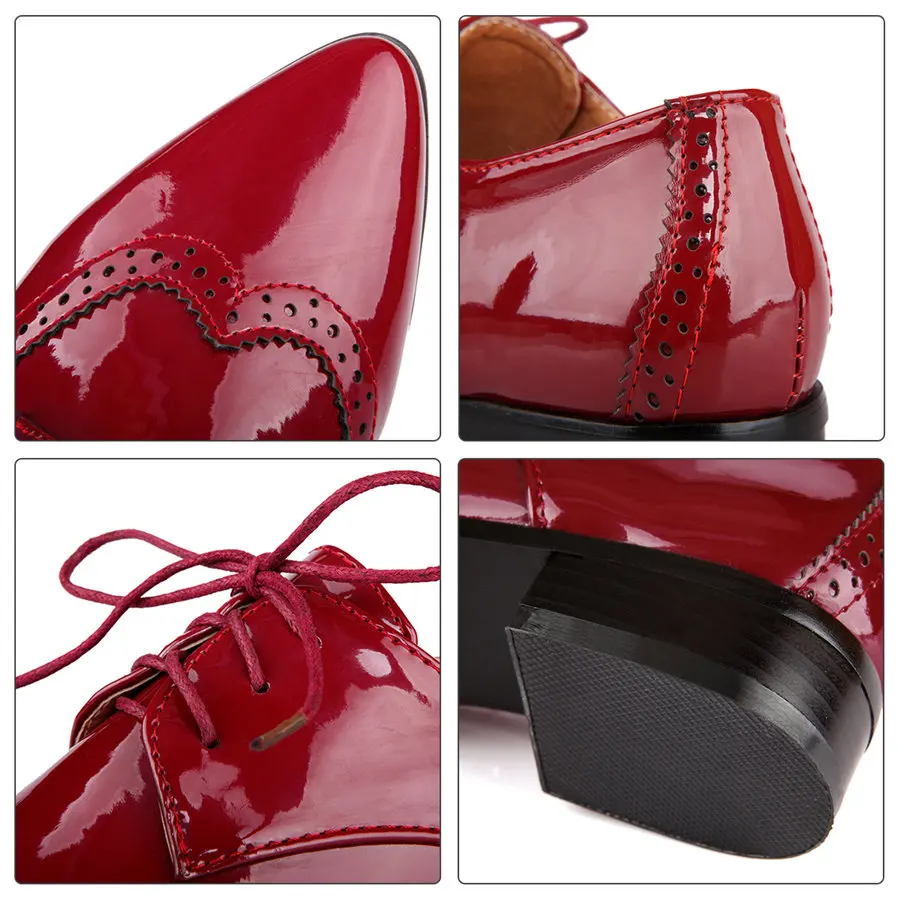 Spring Autumn Women Flats British Patent Leather Derbies Pointed Toe Casual Dress Party Lace Up Oxfords Red Black Lady Brogues