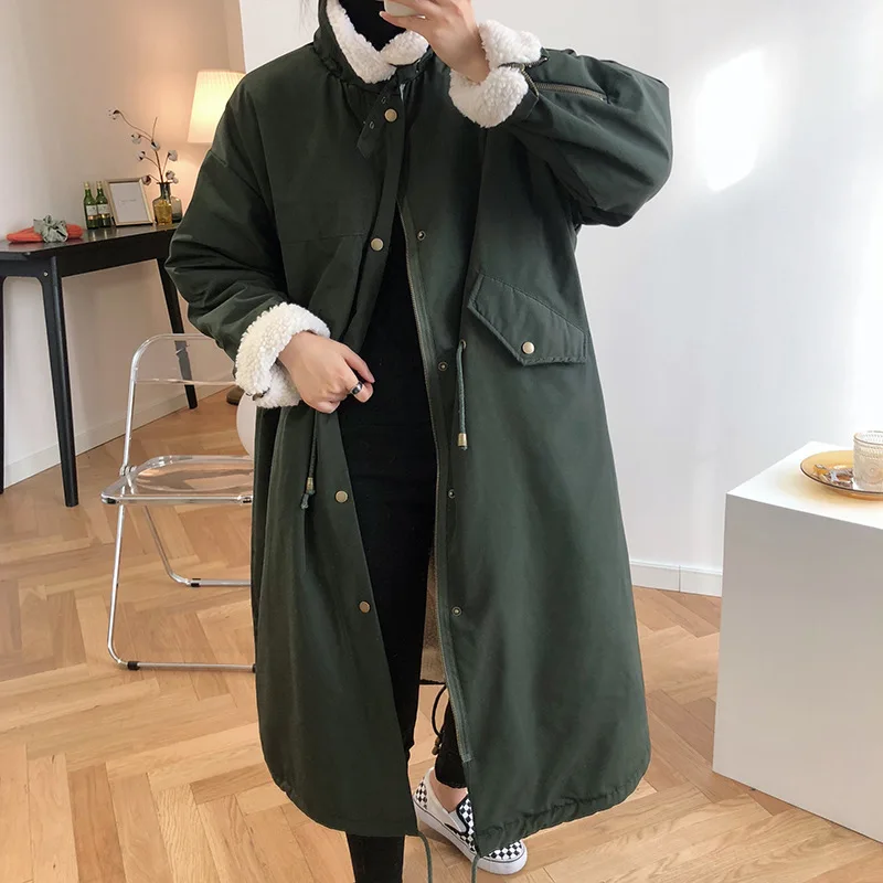 Women Winter Lamb Wool Coat Fur Collar Long-Sleeved Long Section Over The Knee Loose Casual Solid Coat