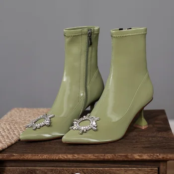 

fashion crystal leather ankle boots for women 2020 black green ladies chunky heels party shoes boots woman autumn dress shoes