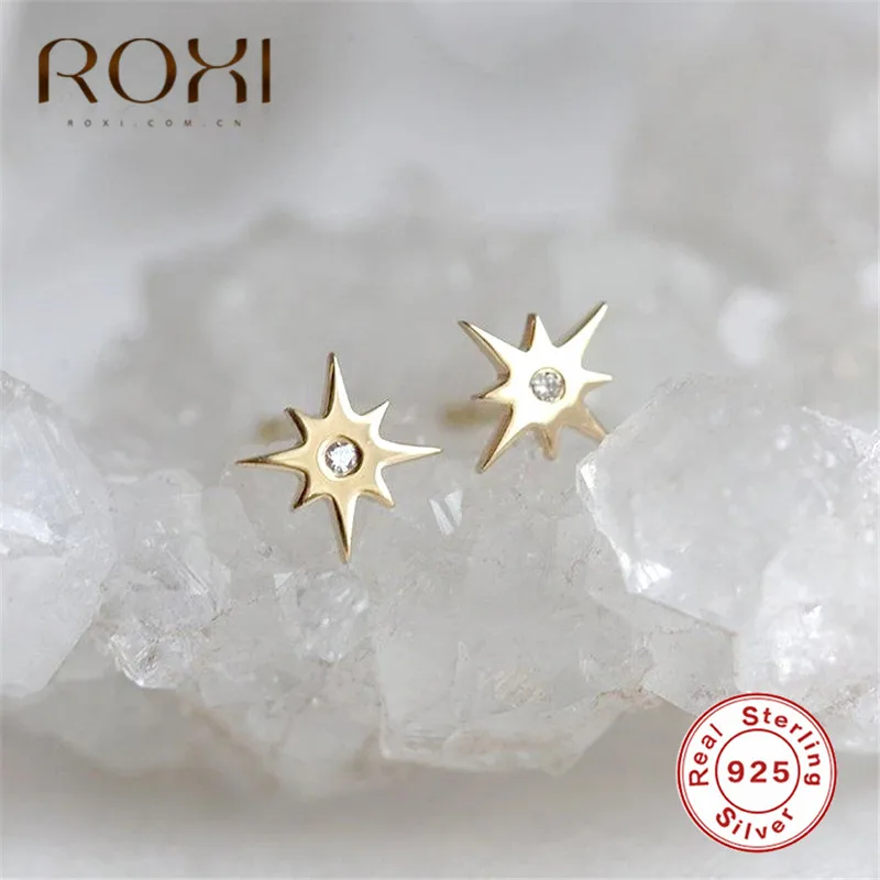Серьги-гвоздики ROXI с изящными кристаллами в виде звезды для женщин, маленькие серьги, стразы, минималистичные ювелирные изделия, 925 пробы серебряные серьги
