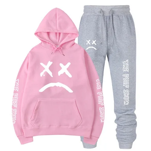Pink and Gray RIP Lil Peep Hoodies Sweatshirt+ Sweatpants Suits Men Women Hip Hop Lil Peep Cry Baby Pullover Two Piece Set Sudaderas - Цвет: Pink and Gray
