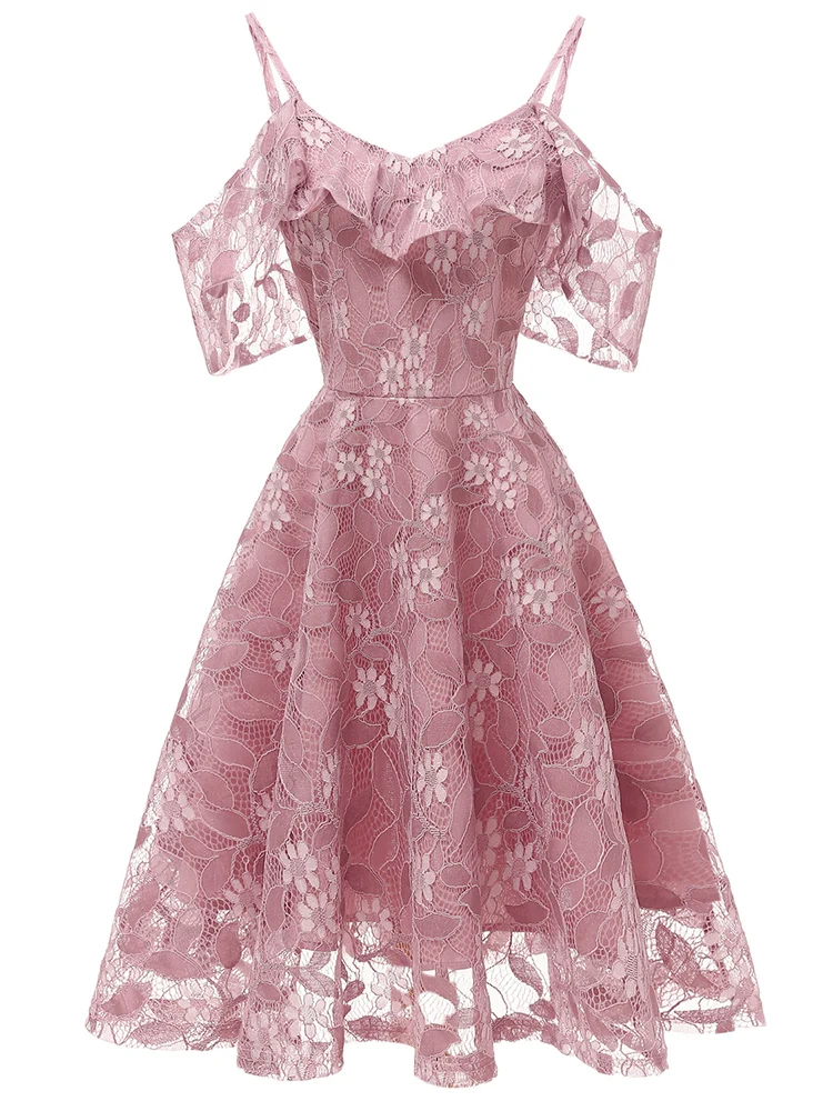

Cocktail Dresses Homecoming Dresses Off Shoulder 2020 Pink Lace Short Formal Party Gown Spaghetti Strap Sleeveless Robe Coctail