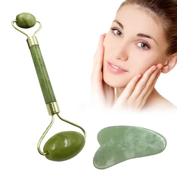 

2 in 1 Green Roller Tools Set by Natural Jade Scraper Massager with Stones for face Thin skin tool
