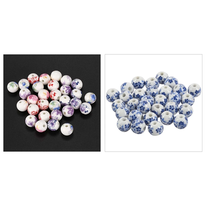 60 шт керамические бусины цветочный узор круглые керамические бусины диаметр 12 мм(4/8 дюйма), 30 шт белые+ синие и 30 шт смешанные