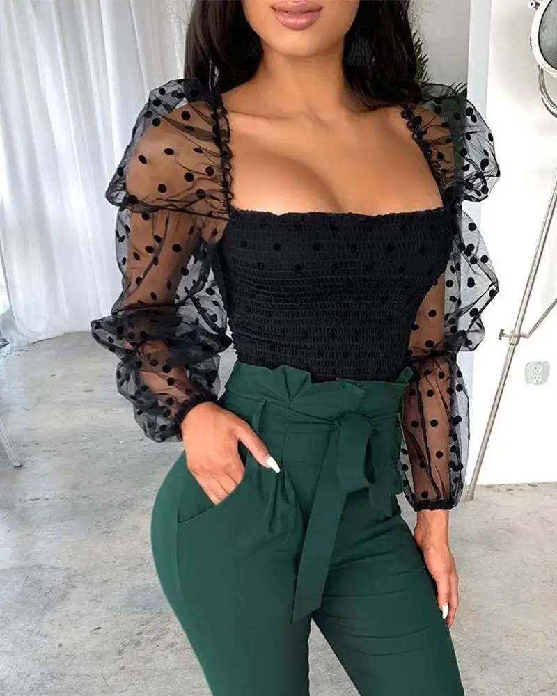 Women Polka Dot Sheer Mesh Puff Long Sleeve Tops Lady Casual Slim Tee Shirt Black See through T-Shrts For | Женская одежда