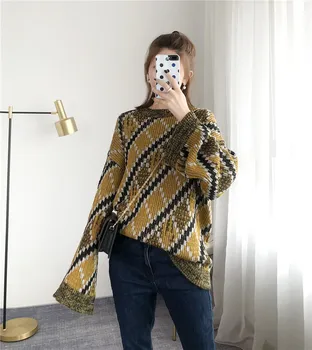 

Colorblock Pullover Retro Sweater Top Long Sleeves Rhombus Print 2019CC Loose Flared Sleeves Knitwear