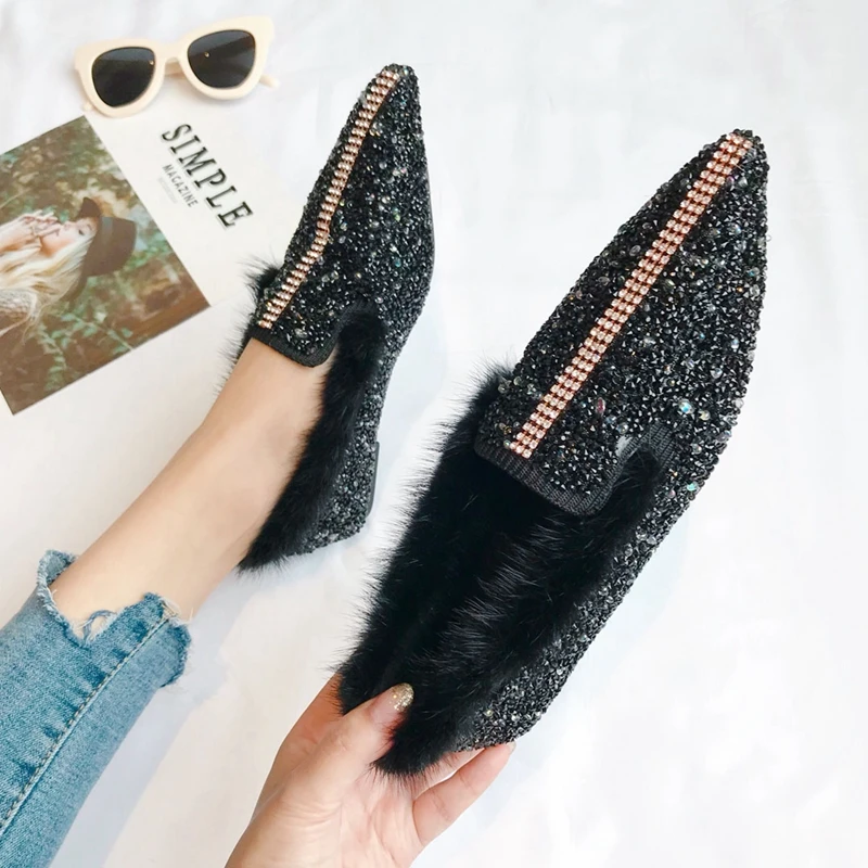 Роскошные Перламутровые меховые балетки на плоской подошве женские изящные с