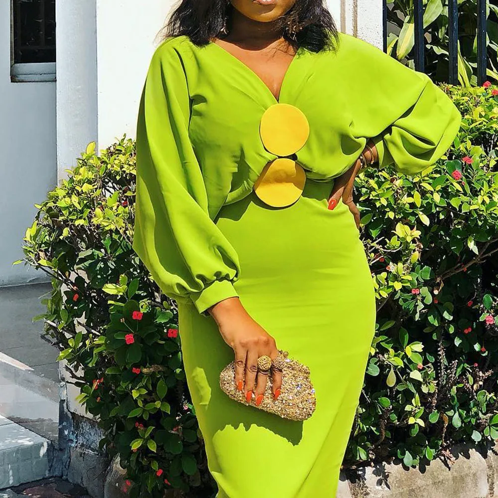 

Big Size 3XL V-Neck Ankle-Length Lantern Sleeve Bodycon Dress Long Sexy Avocado Green High Waist Maxi Evening Club Party Dresses