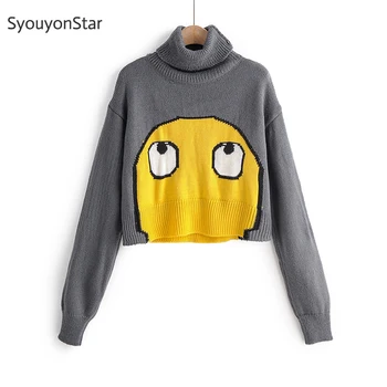 

SyouyonStar Autumn Cartoon Sweater Women Turtleneck Pullovers 2019 Gray Jumpers sweter
