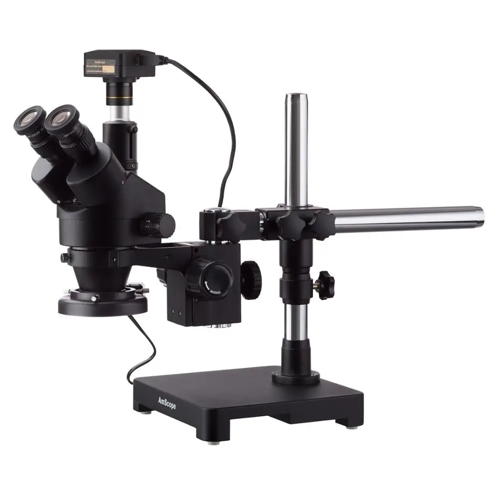 Special Price 7X-90X Black Trinocular Stereo Zoom Microscope on Single Arm Boom Stand + 144 Direction Adjustable LED Ring Light & USB3.0 16MP