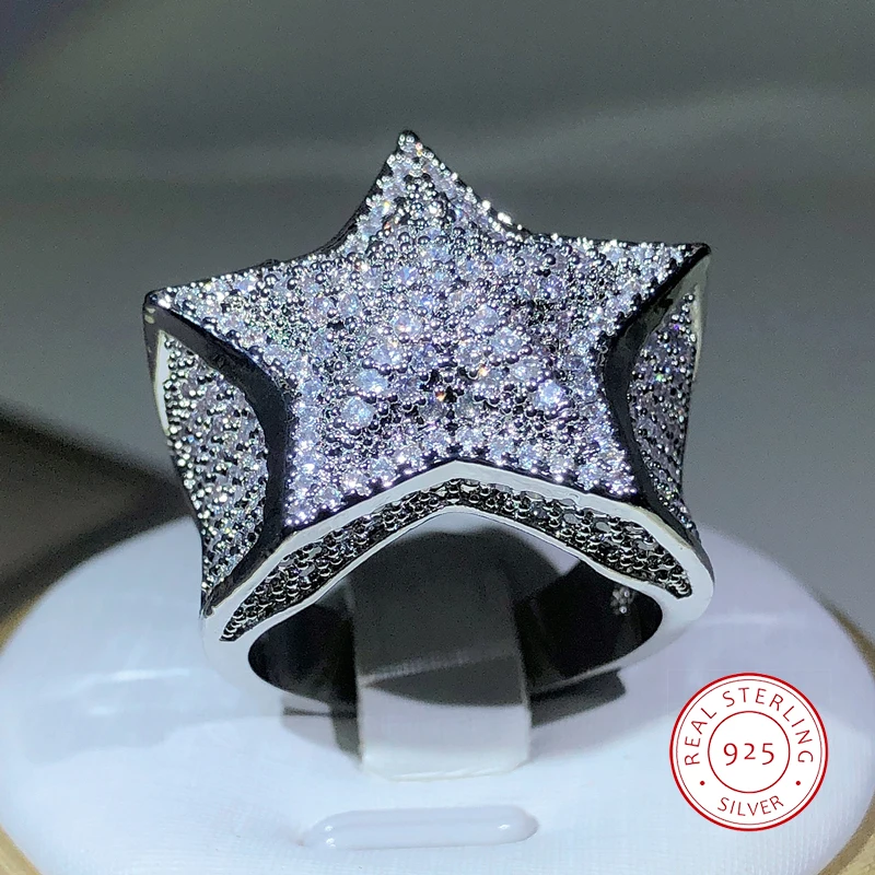 925 Silver High Quality Hip Hop Big Five Star Ring For Women Pave Setting Zircon Ring Party Cookic Jewelry Gift