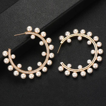 

LARRAURI 2020 Trendy Circle Imitation Pearl Cubic Zirconia Pave Women Wedding Bridal Party Engagement Party Earring Jewelry