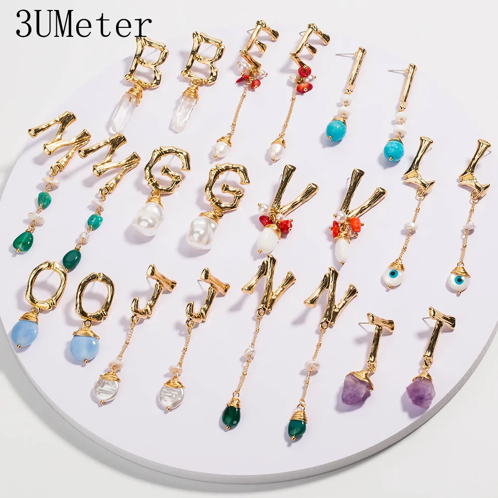 

3UMeter 2019 New Simple Natural Baroque Pearl Earrings For Women Natural Stone 26 Letter Custom Earrings Gift Drop Shipping