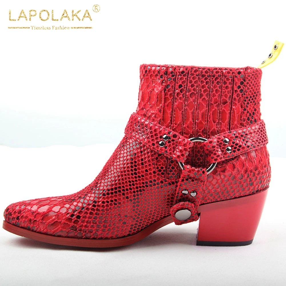 

LAPOLAKA New Wholesale Woman Shoes Women Fashion Snake Veins Belt Buckle Spring Western Ankle Boots Female